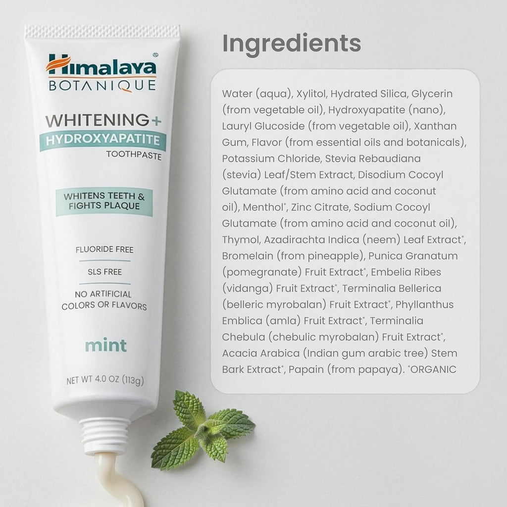 Himalaya Botanique Whitening+ Nano Hydroxyapatite Toothpaste, Mint, 4 oz | Nano Hydroxyapatite Toothpaste, Support Enamel Strength & Integrity,Great for Sensitive Teeth, Fluoride Free,SLS Free & Vegan