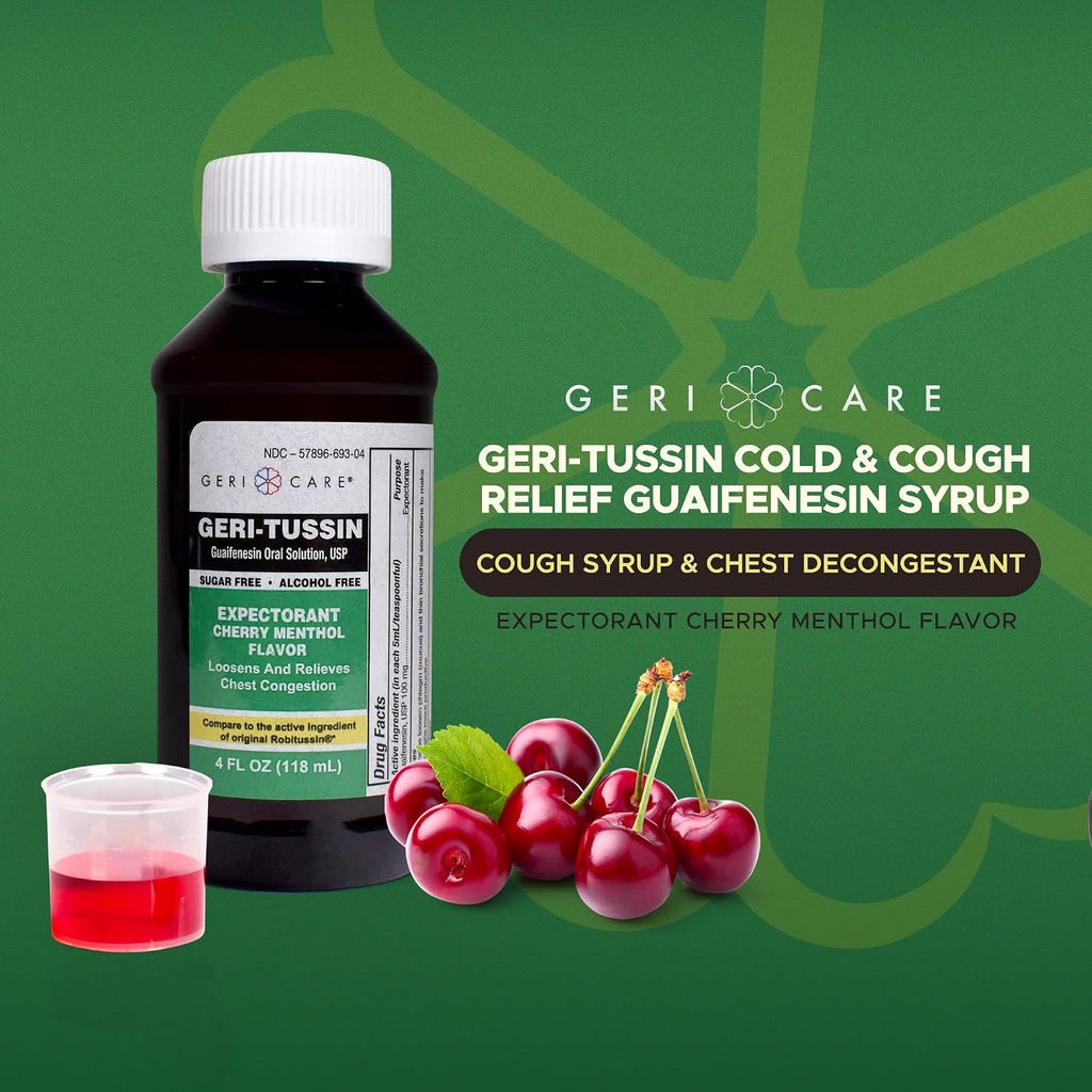 Geri-Tussin Cold and Cough Relief Guaifenesin Syrup by GeriCare| Sugar-Free Guaifenesin Liquid Expectorant| Cough Syrup & Chest Decongestant| Cherry Menthol Flavor Guaifenesin Oral Solution| 4 Fl Oz