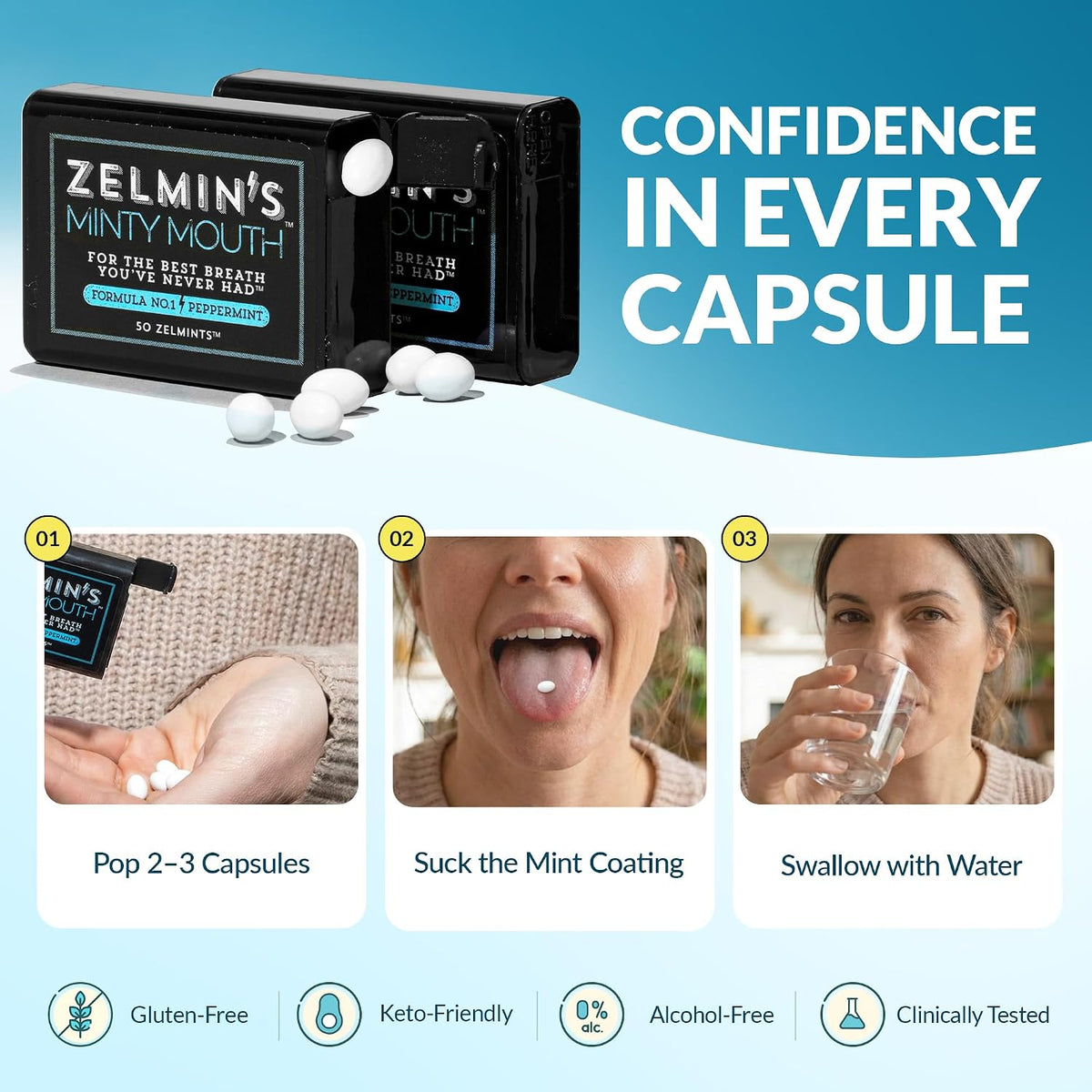 Zelmin's Breath Mints – Parsley Seed Oil Capsules, Peppermint 5 Pack | Dual Action Halitosis & Bad Breath Treatment - Garlic, Onion & Coffee Breath - Helps Dry Mouth - Keto, Gluten-Free, 250 Ct