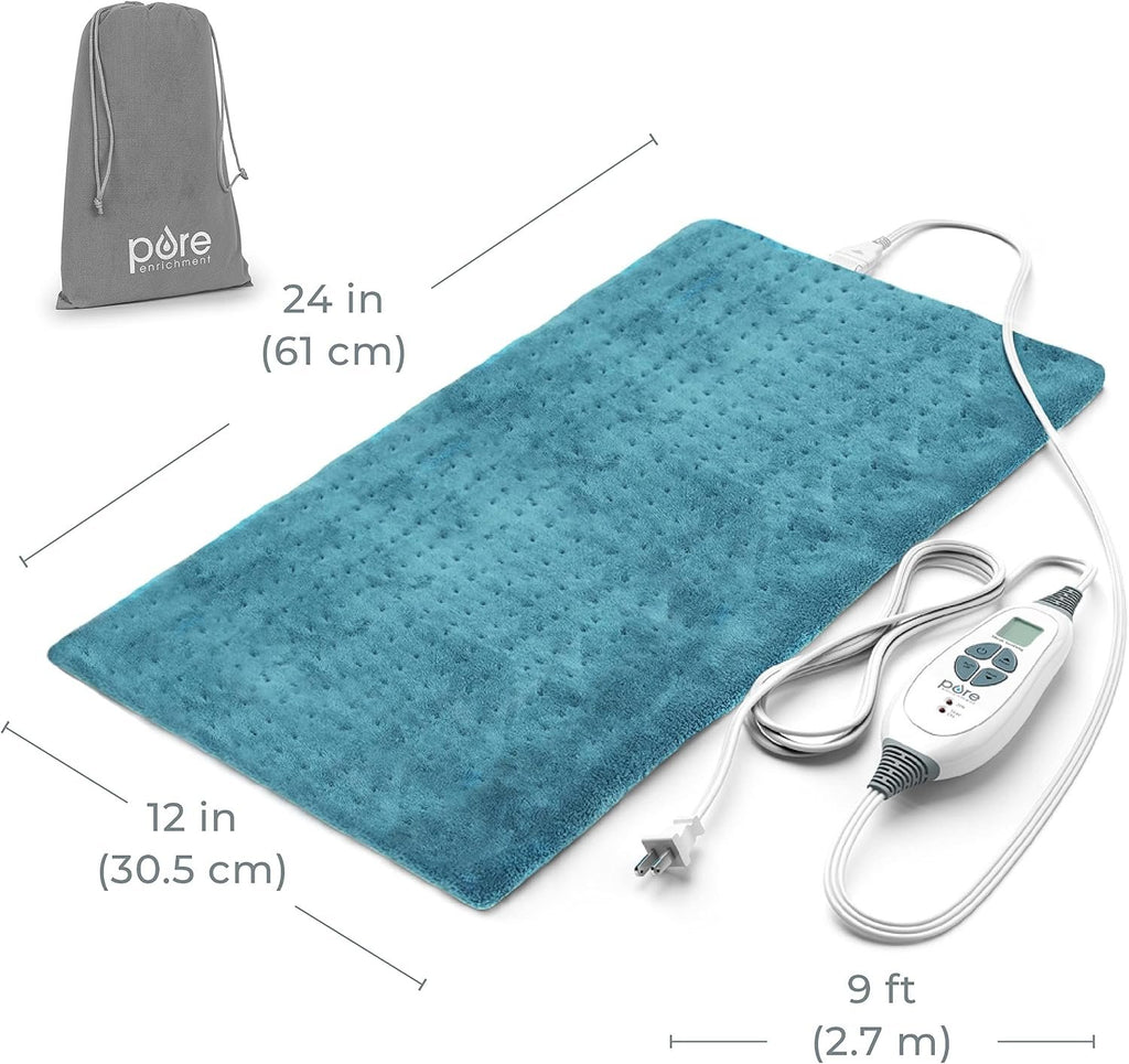 Pure Enrichment® PureRelief XL Heating Pad - 12" x 24" Electric Heating Pad for Back Pain & Cramps, 6 Heat Settings, Soft Machine Wash Fabric, Auto-Off & Moist Heat (Blue)