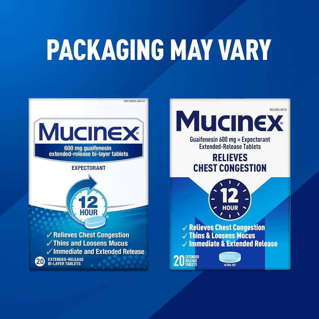 Mucinex 12 Hour 600 mg Guaifenesin Extended-Release Tablets for Excess Mucus Relief, Expectorant Aids Excess Mucus Removal, Chest Congestion Relief, 20 Bi-Layer Tablets