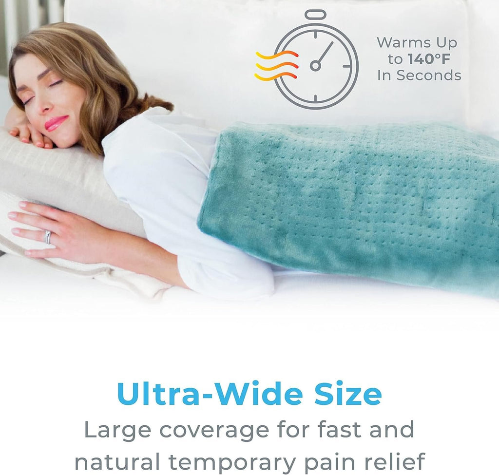 Pure Enrichment PureRelief Ultra-Wide Microplush Heating Pad - 20” x 24” XXL Size & 6 Heat Settings for Temporary Neck, Shoulder & Back Pain Relief - Moist Heat Option & Machine Washable (Sea Glass)