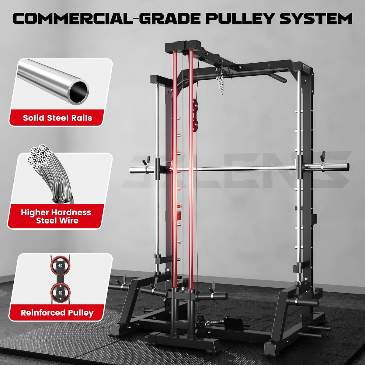 JELENS SR01 Smith Machine, 2000LBS Multi-Function Power Cage with LAT Pulldown System, All-in-One Home Gym Squat Rack with Smith Bar and Training Attachments for Full Body Workouts