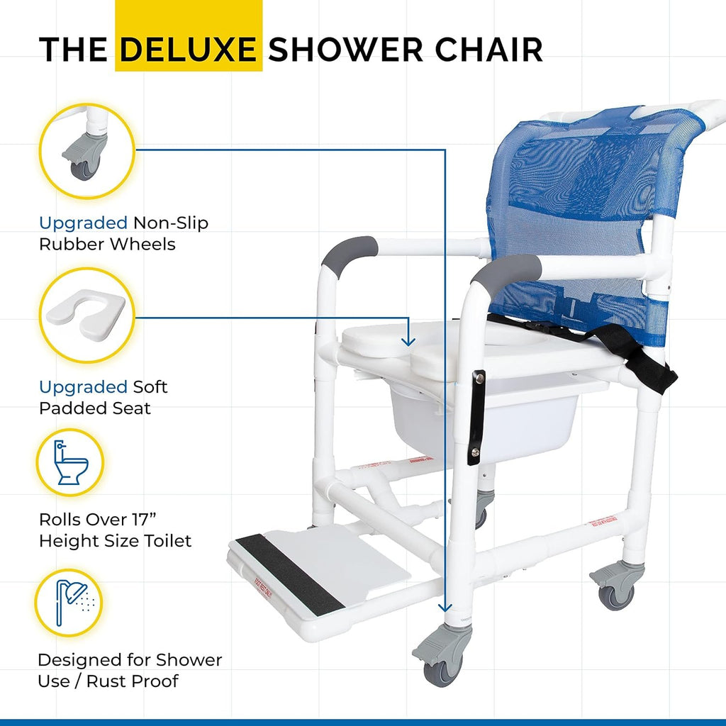 Institutional Grade Rolling Shower Commode Chair with Wheels & Drop Arms – Padded Seat, Locking Casters, Sliding Footrest, Seat Belt – Fits Over Toilet – 300 lb Capacity – DL-1