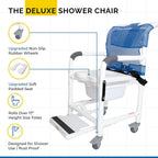 Institutional Grade Rolling Shower Commode Chair with Wheels & Drop Arms – Padded Seat, Locking Casters, Sliding Footrest, Seat Belt – Fits Over Toilet – 300 lb Capacity – DL-1