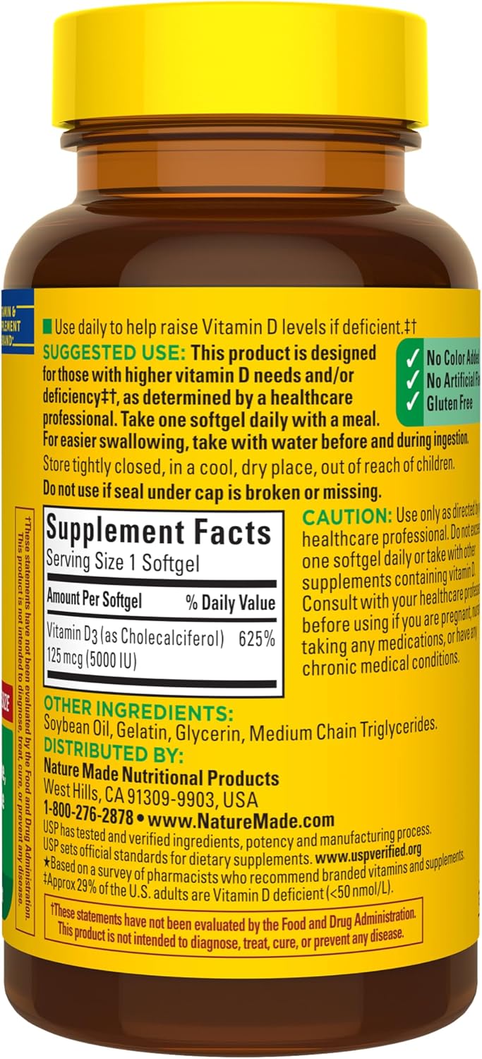 Nature Made Vitamin D3 5000 IU (125 mcg), 180 Vitamin D Softgels | Extra Strength Vitamin D Supplement for Immune, Bone, Teeth and Muscle Health Support, 180 Day Supply