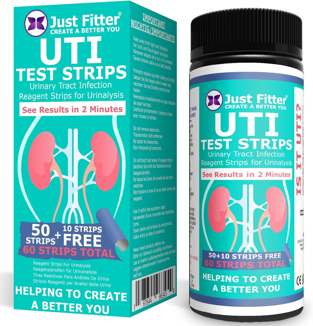 Just Fitter UTI Urine Test Strips. Urinary Tract Infection Strip. Simple, Fast and Accurate Results. Urinalysis Home Testing Stick Kit for Nitrite and Leukocytes.