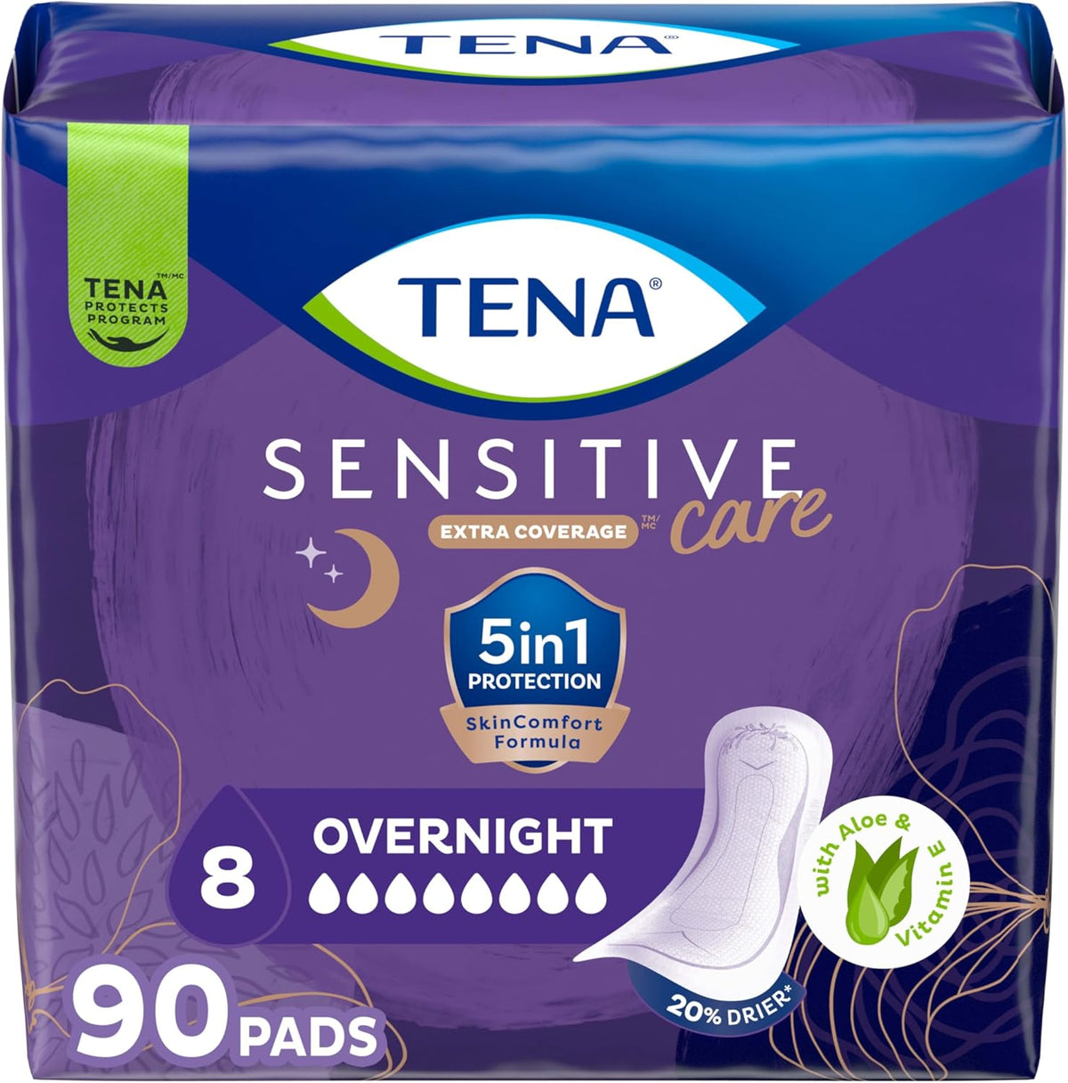 TENA Sensitive Care Incontinence Pads, Bladder Control & Postpartum for Women, Overnight Absorbency, Extra Coverage - 90 Count