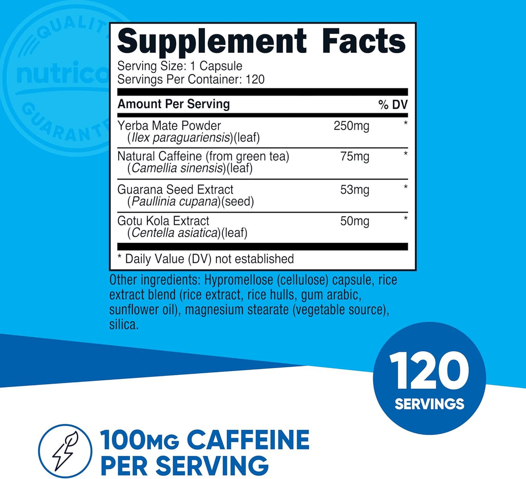 Nutricost Natural Energy Pills Complex 120 Capsules, Gluten-Free, GMO-Free | 100mg Caffeine, With Guarana, Gotu Kola and Yerba Mate