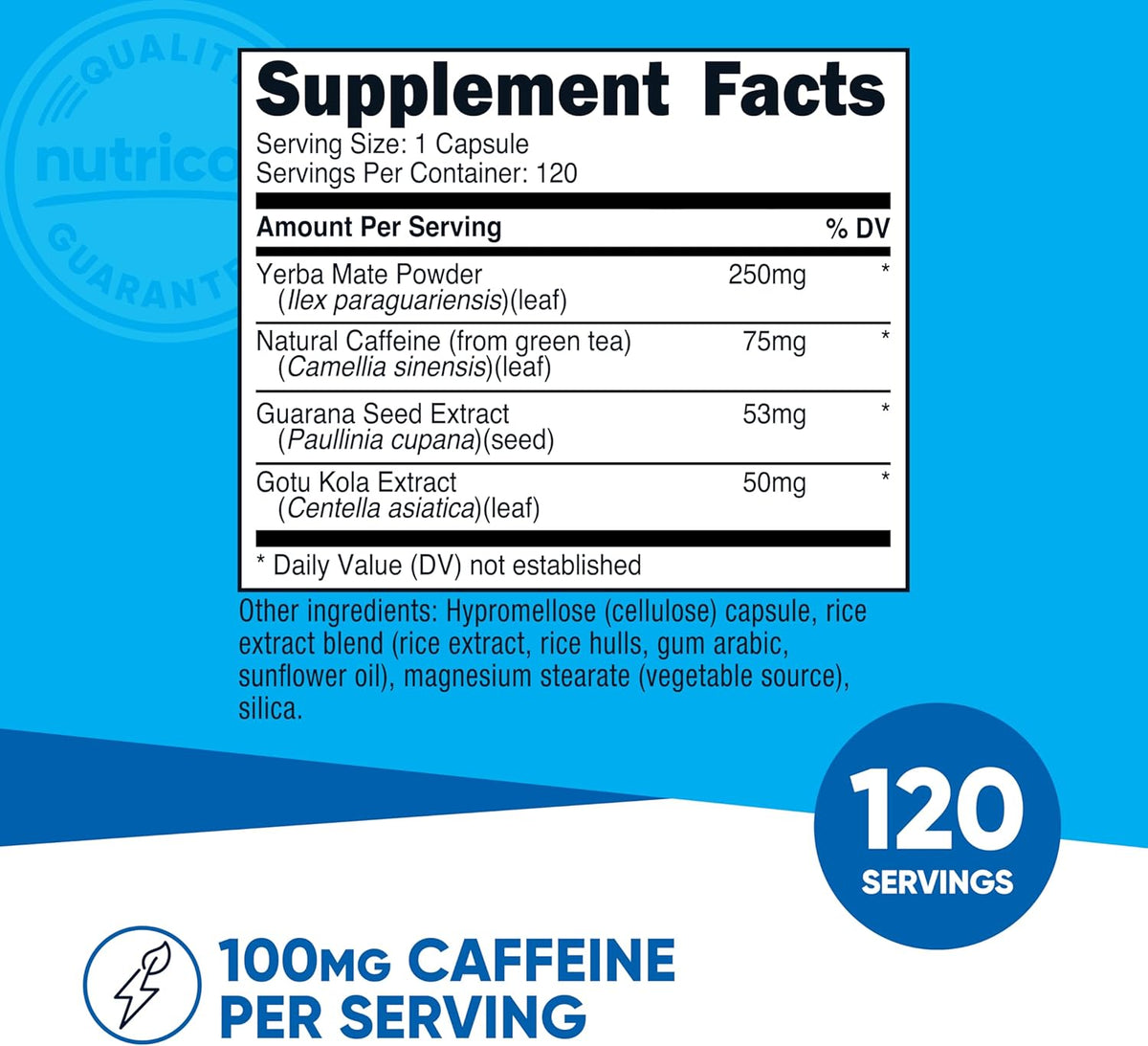 Nutricost Natural Energy Pills Complex 120 Capsules, Gluten-Free, GMO-Free | 100mg Caffeine, With Guarana, Gotu Kola and Yerba Mate