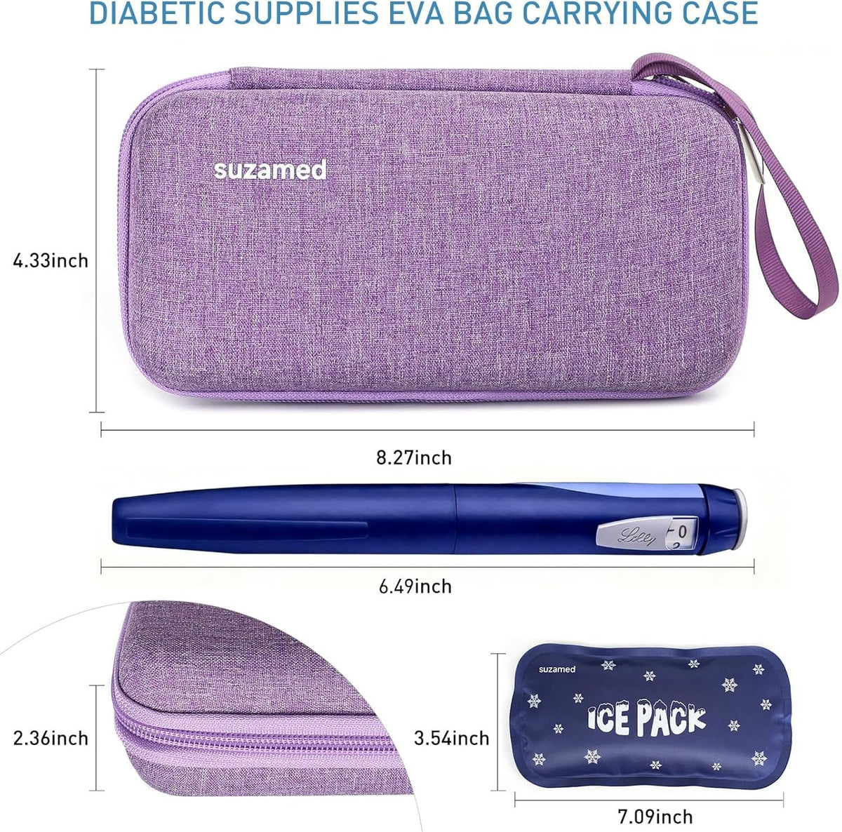 suzamed Insulin Cooler Travel Case, 2x150g Ice Pack TSA Approved, Purple | EVA Insulation Travel Medicine Kit for 1-5 Pens & Diabetic Supplies, Diabetes Care, Portable Handle for Daily Use & Trip
