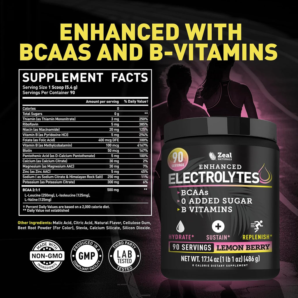 Zeal Naturals Electrolyte Powder - 90 Servings | Keto Electrolytes Powder | Zero Sugar, BCAAs, B-Vitamins | Potassium, Zinc, Magnesium | Hydration Powder Recovery Drink | Lemon Berry