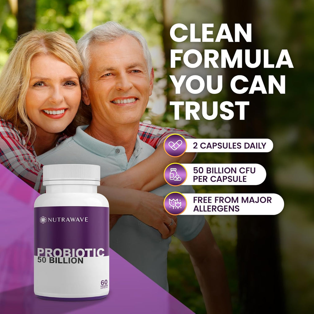 Nutrawave 50 Billion Daily Probiotic for Men & Women – 15 Strains of Live Cultures | 60 Vegan, Gluten-Free Capsules