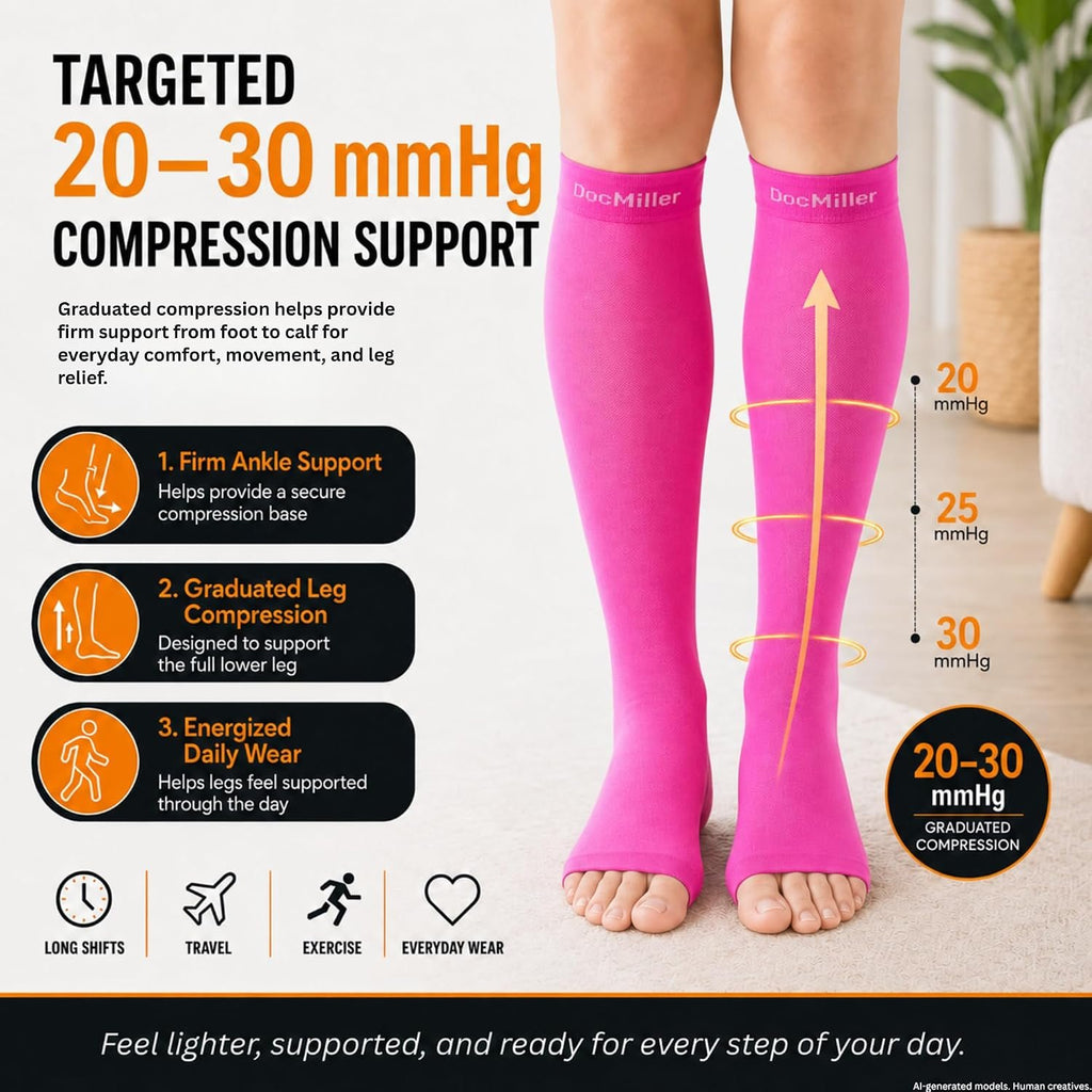 Doc Miller Open Toe Compression Socks, 20-30 mmHg, Knee High, Men & Women | Toeless Compression Sleeves, Knee-High Stockings: Shin Splints, Varicose Veins, Travel, Calf Support & Muscle Recovery, Pair