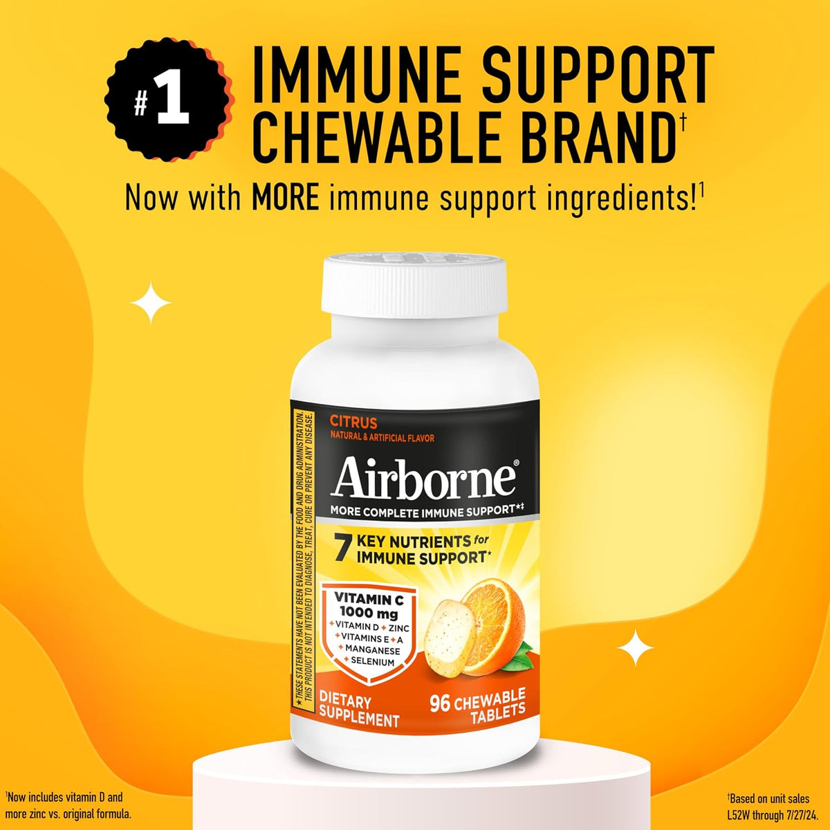 Airborne Vitamin C 1000mg (per Serving) - Citrus Chewable Tablets (96 Count in a Box) - Packaging May Vary