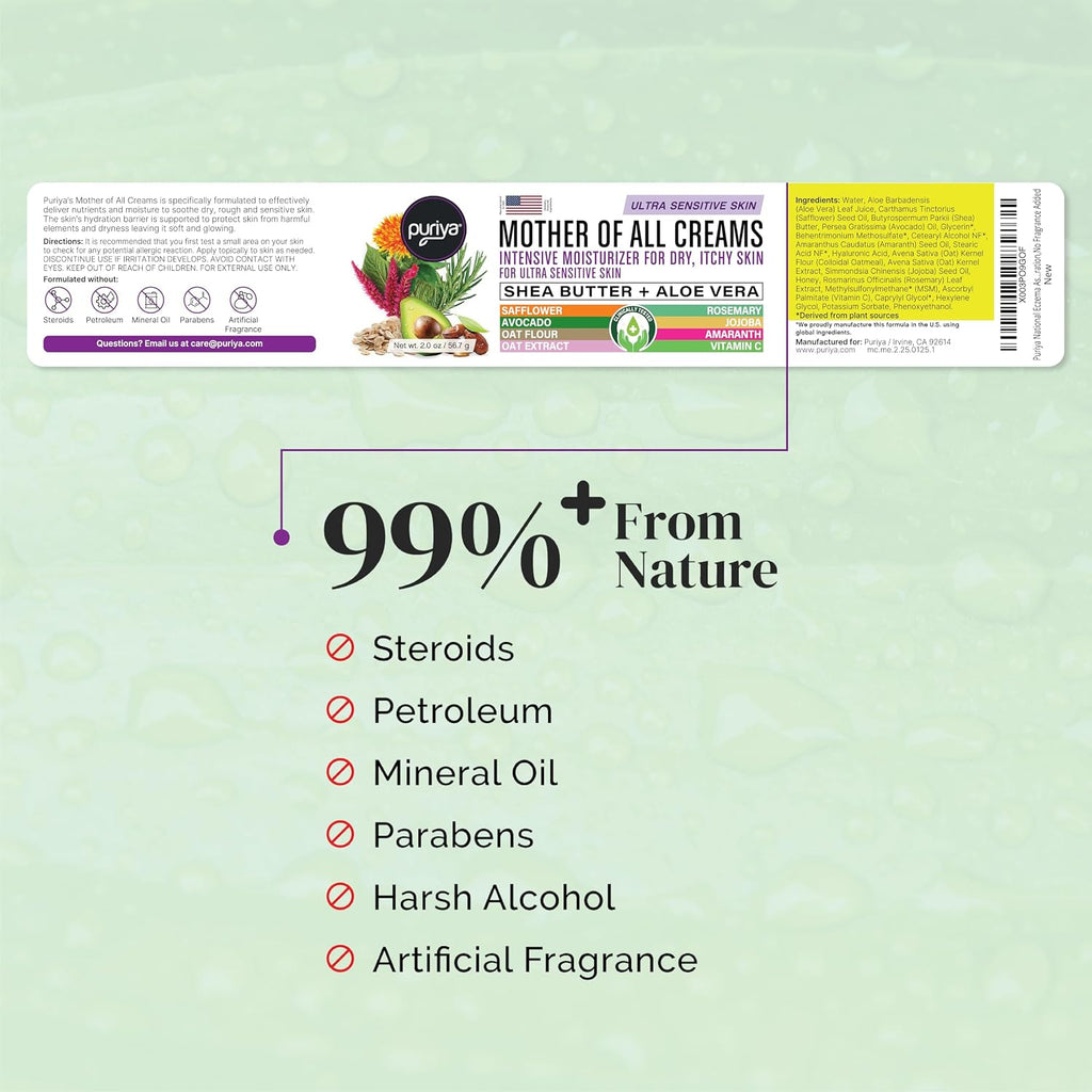 Puriya National Eczema Association Accepted Cream 2 oz, Dry Itchy Skin Relief, Colloidal Oatmeal Lotion, For Kids, Adults, Face, Hands, Mother of All Creams, Plant-Based Hydration,No Fragrance Added