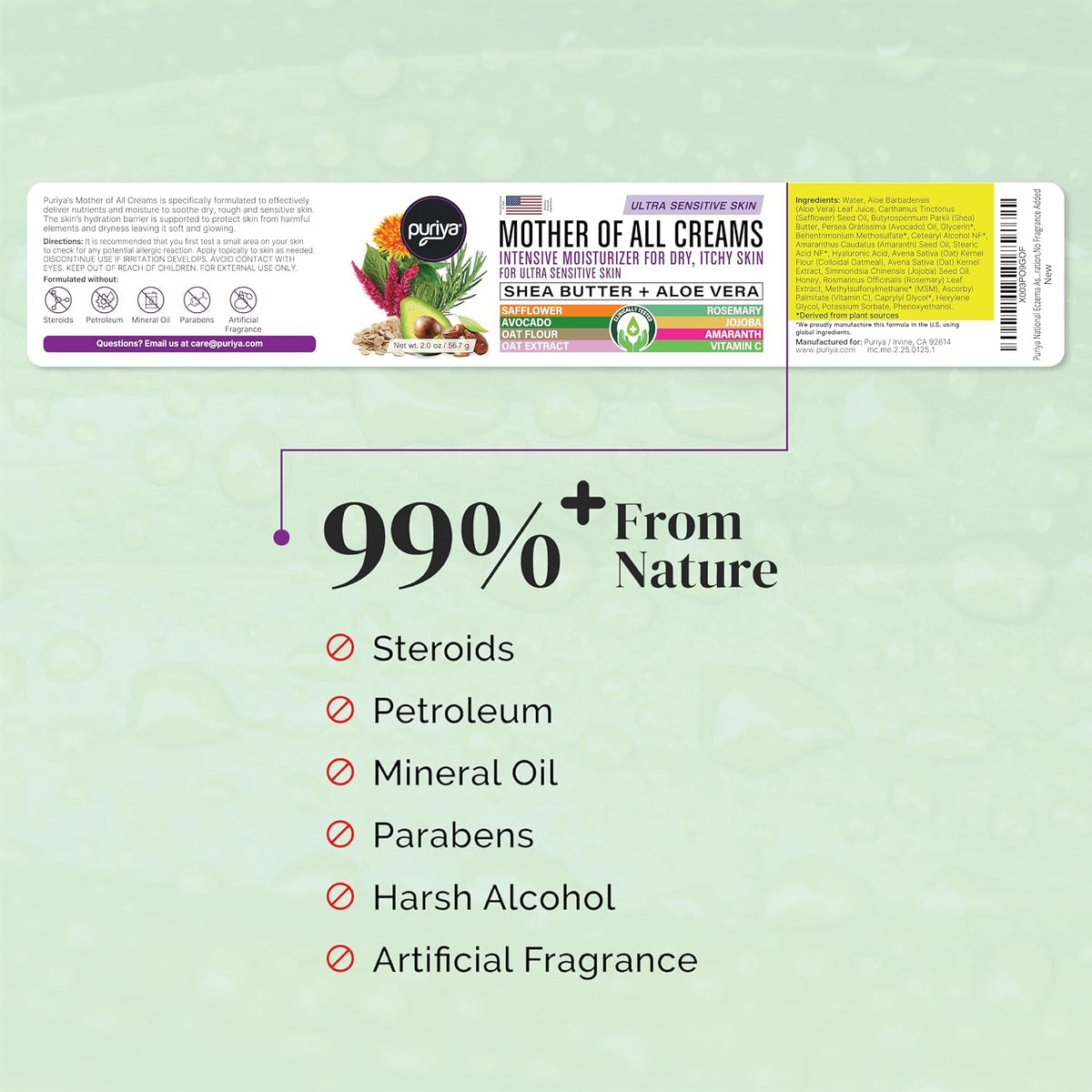Puriya National Eczema Association Accepted Cream 2 oz, Dry Itchy Skin Relief, Colloidal Oatmeal Lotion, For Kids, Adults, Face, Hands, Mother of All Creams, Plant-Based Hydration,No Fragrance Added