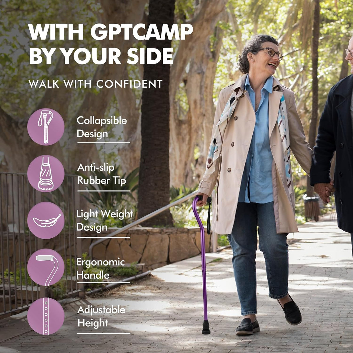 GPTCAMP Offset Walking Cane for Men & Women with Anti-Slip Tip