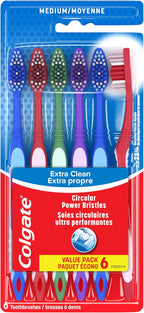 Colgate Extra Clean Medium Toothbrushes, 6 Pack | Bulk Size, Medium Bristles, Extra Clean, Easy Grip Handle, Removes Plaque
