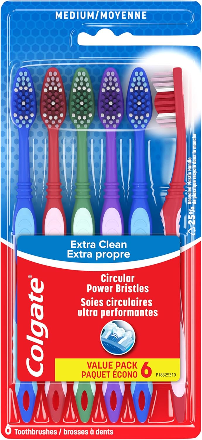 Colgate Extra Clean Medium Toothbrushes, 6 Pack | Bulk Size, Medium Bristles, Extra Clean, Easy Grip Handle, Removes Plaque