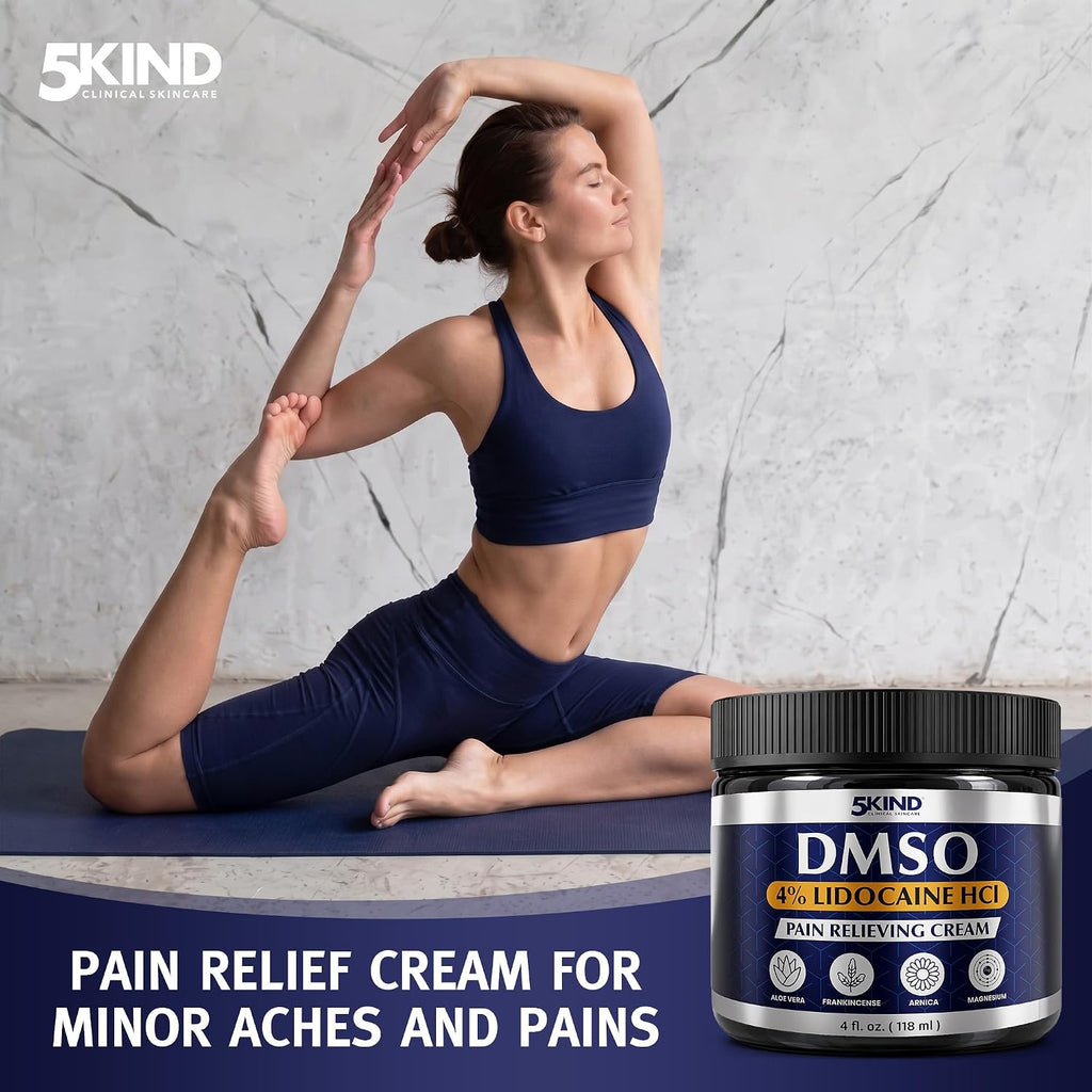5Kind DMSO Cream with Lidocaine for Pain Relief 4 fl oz - 99.9% Pure DMSO Pharmaceutical Grade Cream - Lidocaine Cream with Aloe Vera, Magnesium, Arnica & Menthol - Registered NDC - Made in USA