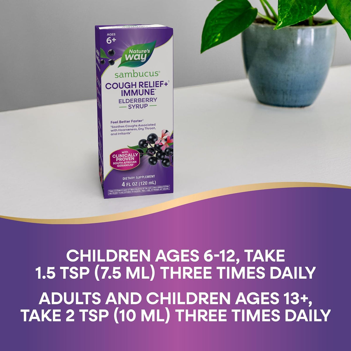 Nature's Way Sambucus Cough Relief +(1) Immune* Syrup, Vegan, 4 fl oz | Feel Better Faster(1) Clinically Proven South African Geranium, with Elderberry Extract, Vitamin C & Zinc