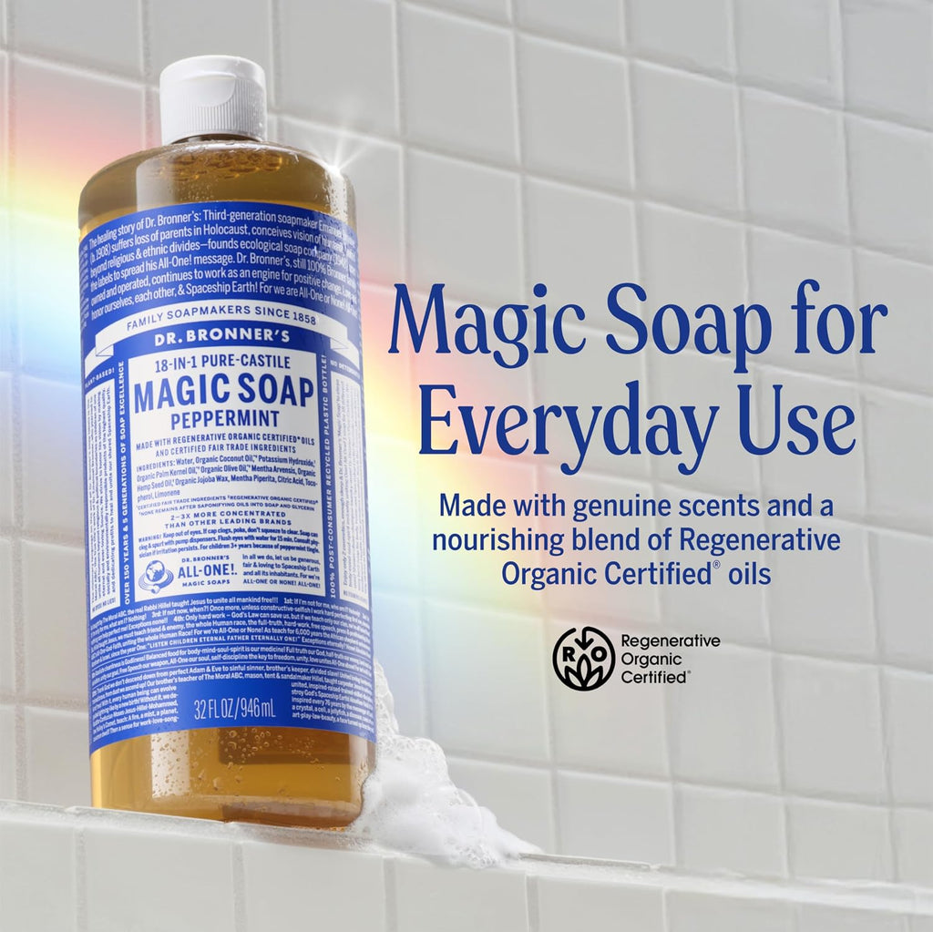 Dr. Bronner's Peppermint Pure-Castile Liquid Soap, Hand Soap, 32 oz | 18-in-1 Uses: Body Wash & Hand Soap for Men and Women, Shampoo, Face, Laundry, Floors, Cars, Pets - Fair Trade & Organic Oils