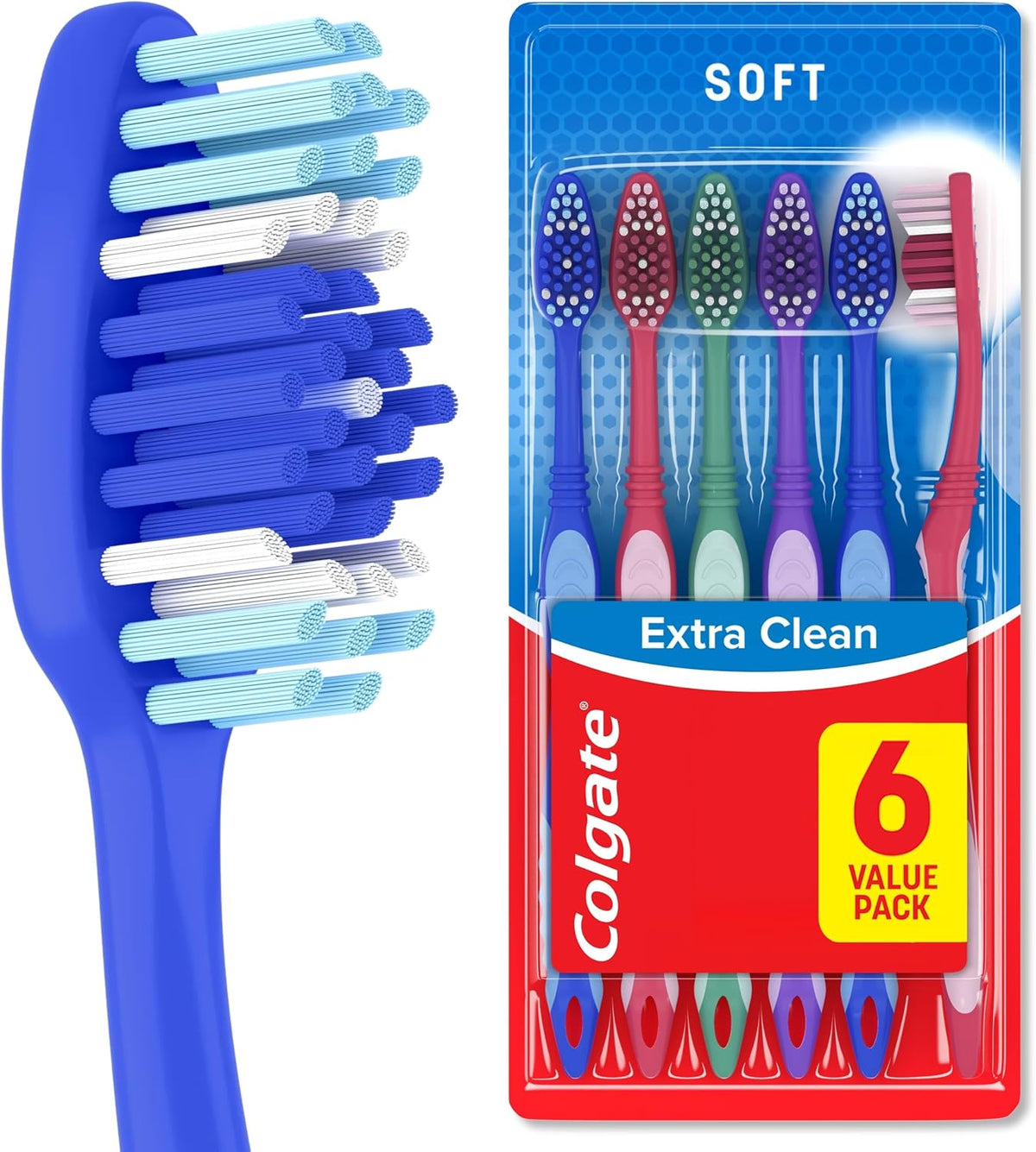 Colgate Extra Clean Full Head Toothbrush, Soft, 6 Pack | Soft Bristles, Full Head Design, Everyday Cleaning, Easy Grip Handle, Bulk Toothbrush Pack