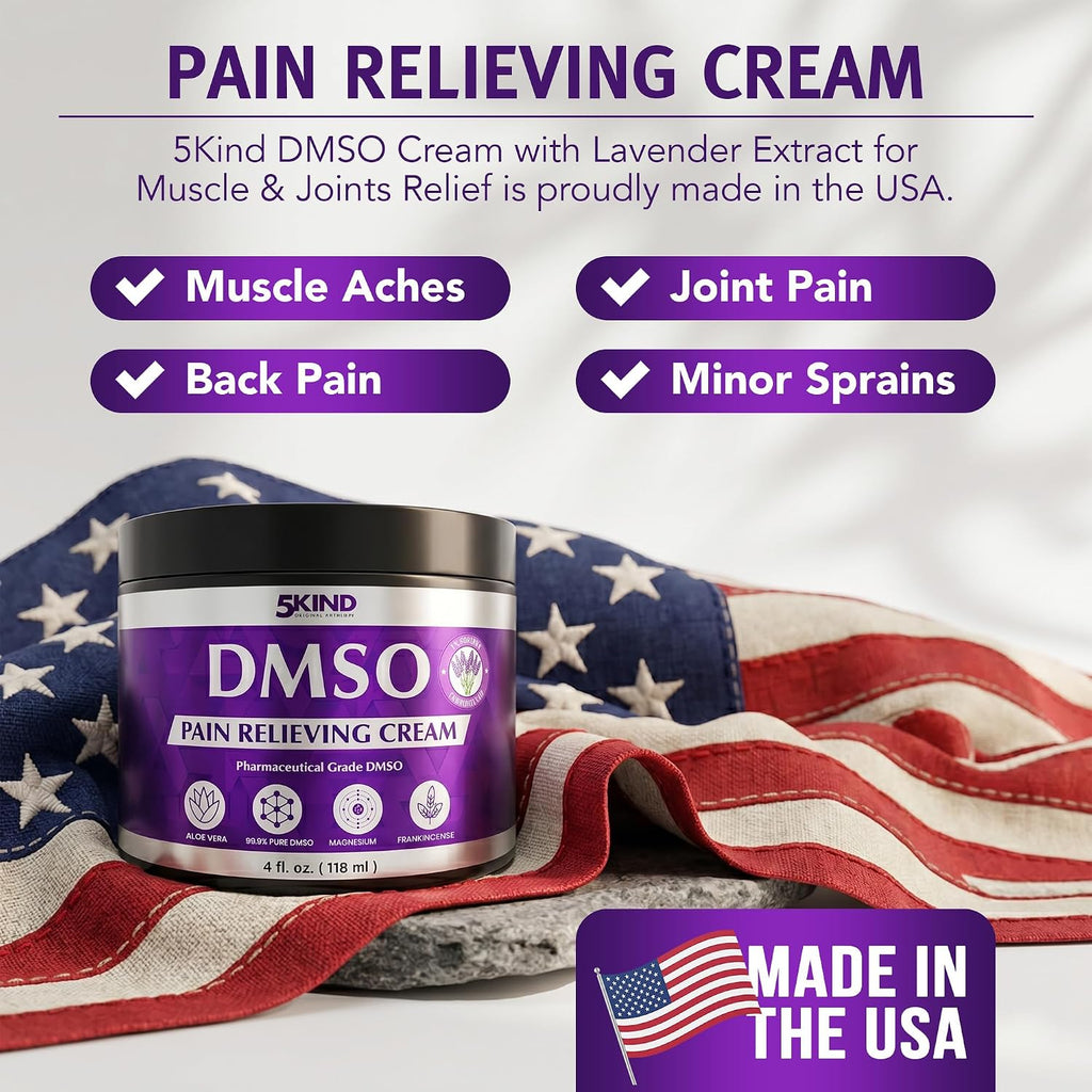 5Kind DMSO Cream for Pain Relief with Frankincense & Lavender 4 fl oz - 99.9% Pure DMSO Pharmaceutical Grade Cream - Aloe Vera, Magnesium & Arnica - Topical Muscle and Joint Pain Relief - Made in USA