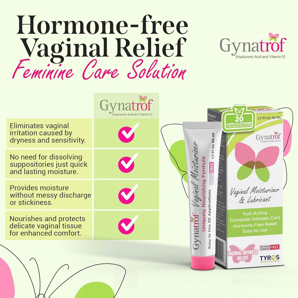 Gynatrof Vaginal Moisturizer, Long-Lasting for Vaginal Dryness & Irritation, Hormone-Free Hyaluronic Acid & Vitamin E Feminine Care, Daily Hydration For Intimate Feminine Care, 1.7 fl oz