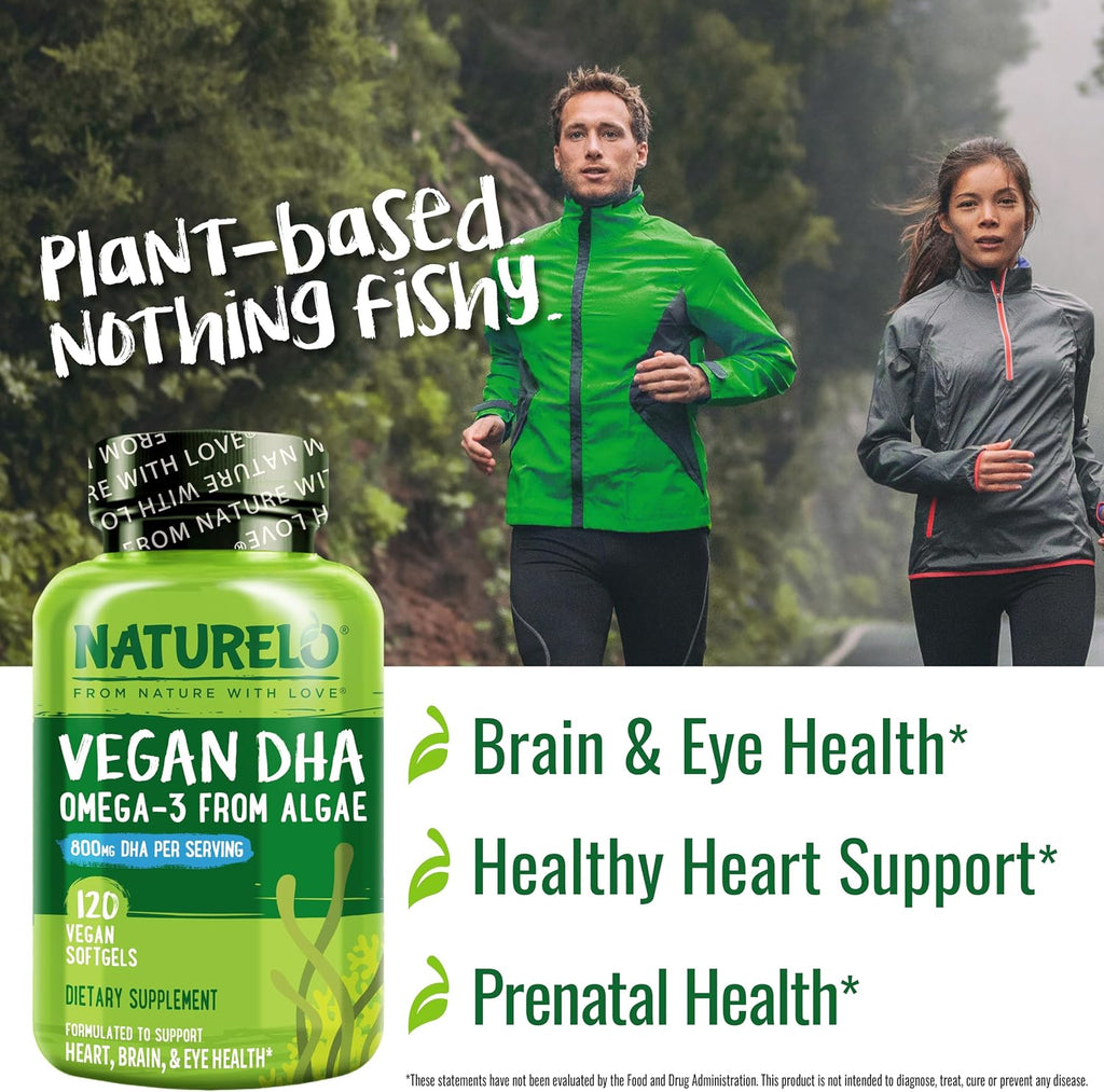 NATURELO Vegan DHA, Vegan Omega 3 Supplement, 120 Softgels, Supports Brain/Heart/Eye Health, Complements Prenatal Vitamins, Essential Fatty Acids, Omega 3 Supplement for Women & Men