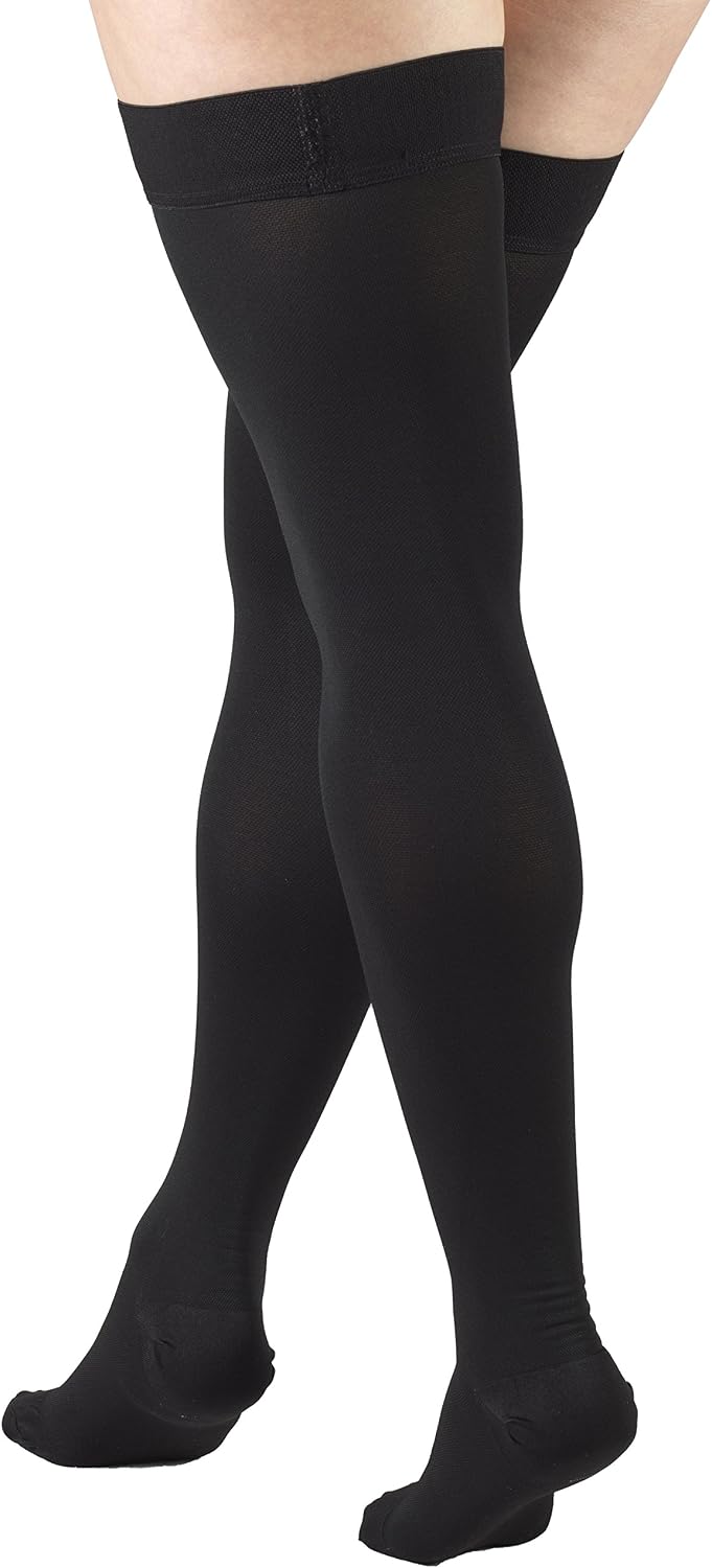 Truform 20-30 mmHg Compression Stockings for Men and Women, Thigh High Length, Dot Top, Closed Toe, Black, Medium