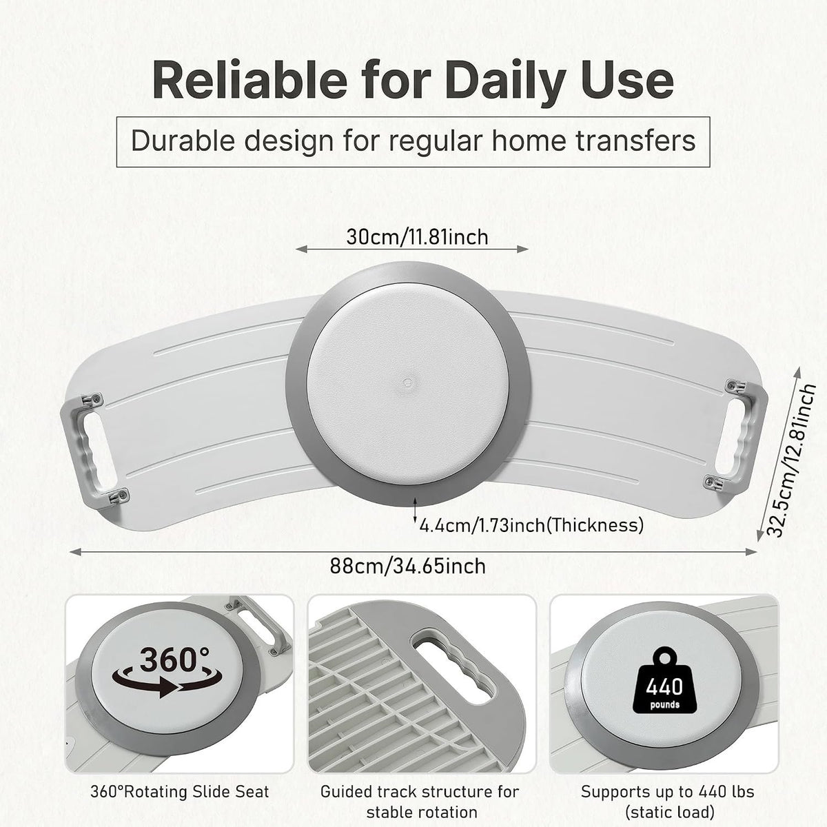 Rotating Transfer Board with Turntable & Dual Assisted Handles - FSA/HSA - Eligible Sliding Transfer Board for Wheelchair to Bed or Sofa, Non-Slip Home Care Mobility Aid for Seniors & Caregivers White