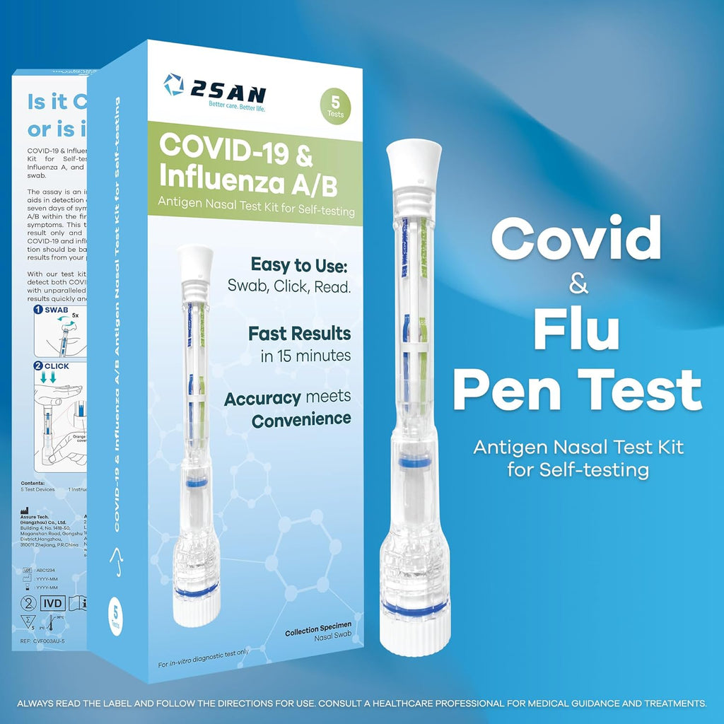 2San COVID-19 & Flu A/B Pen Test – Results in 15 Minutes – 5-Pack (5 Test) – Rapid Antigen Home Test – Clinically Accurate – Easy, Non-Intrusive Nasal Swab – Detects Flu & COVID