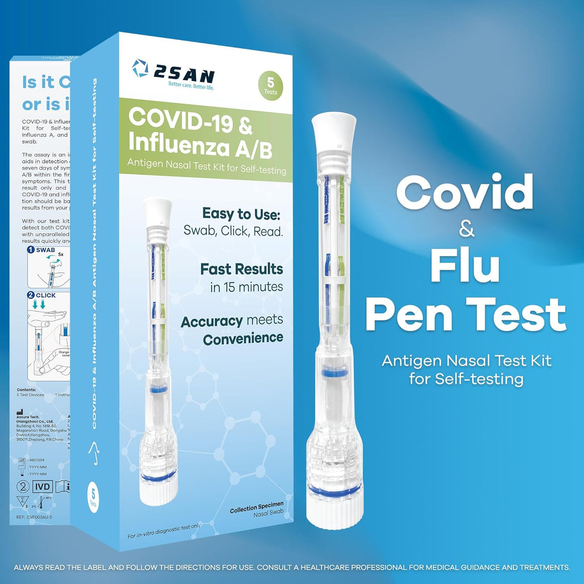 2San COVID-19 & Flu A/B Pen Test – Results in 15 Minutes – 5-Pack (5 Test) – Rapid Antigen Home Test – Clinically Accurate – Easy, Non-Intrusive Nasal Swab – Detects Flu & COVID