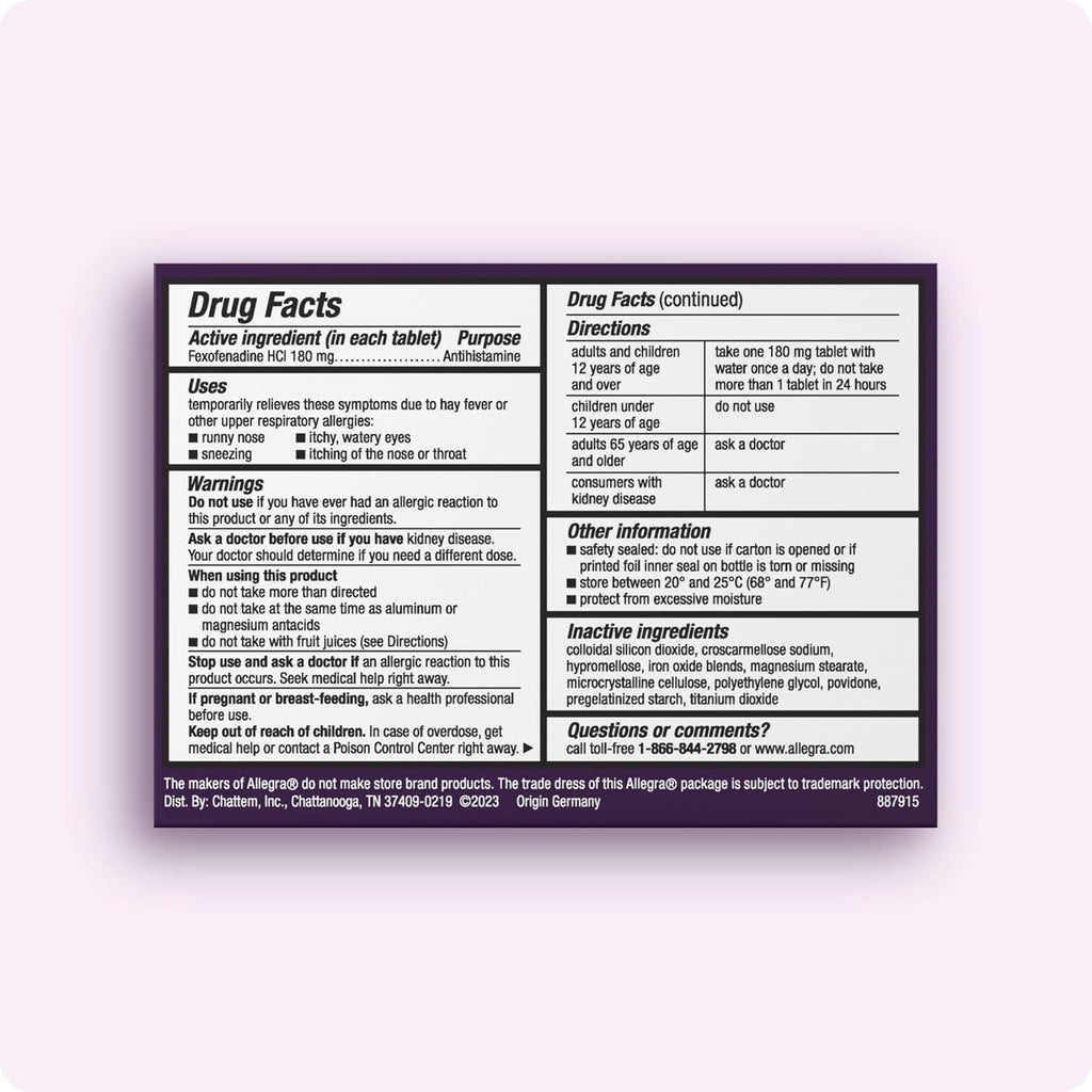 Allegra Adult 24-Hour Allergy Relief Tablets, Non-Drowsy Indoor and Outdoor Allergy Medicine, 180 mg Fexofenadine HCI Antihistamine Pill, 100-Count