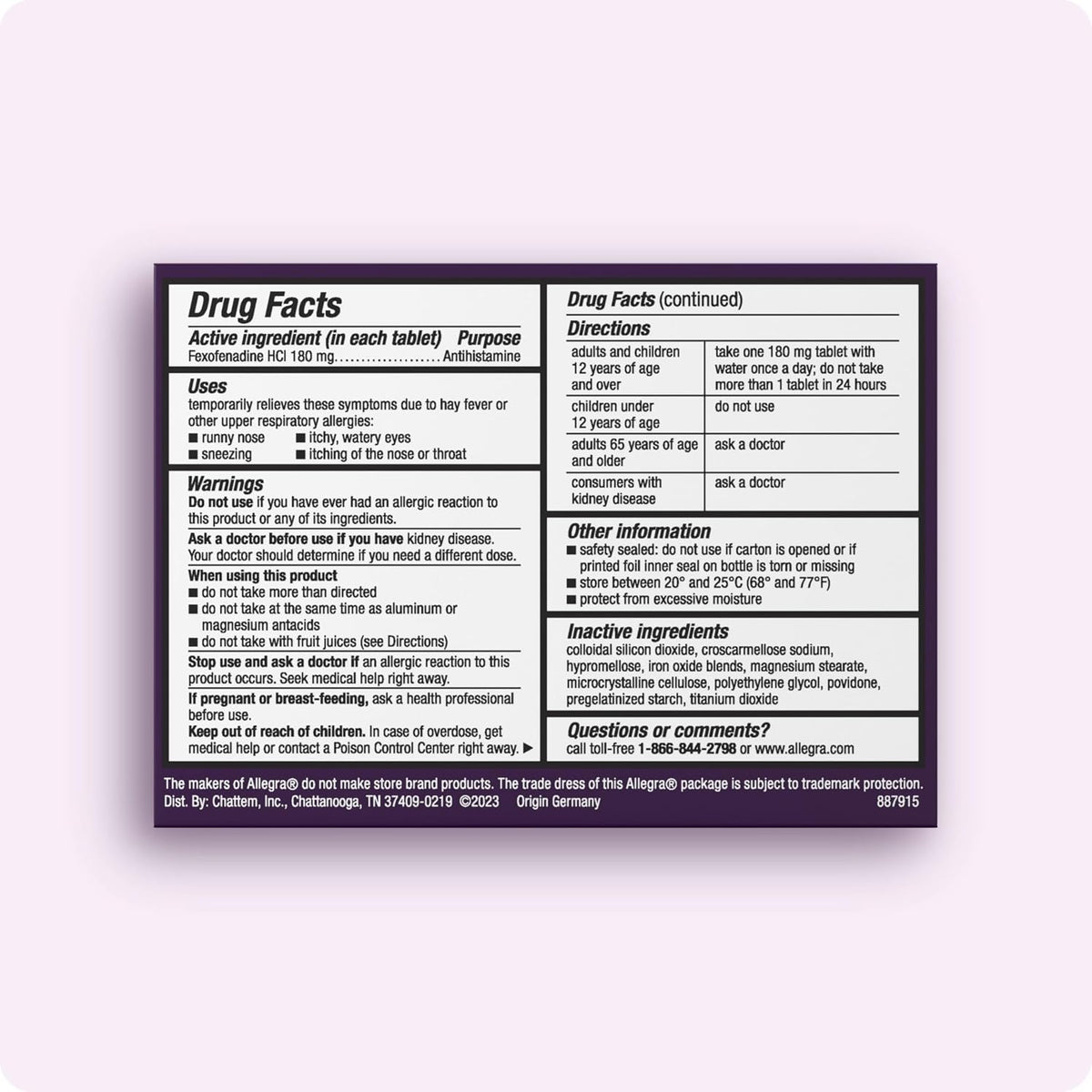 Allegra Adult 24-Hour Allergy Relief Tablets, Non-Drowsy Indoor and Outdoor Allergy Medicine, 180 mg Fexofenadine HCI Antihistamine Pill, 100-Count