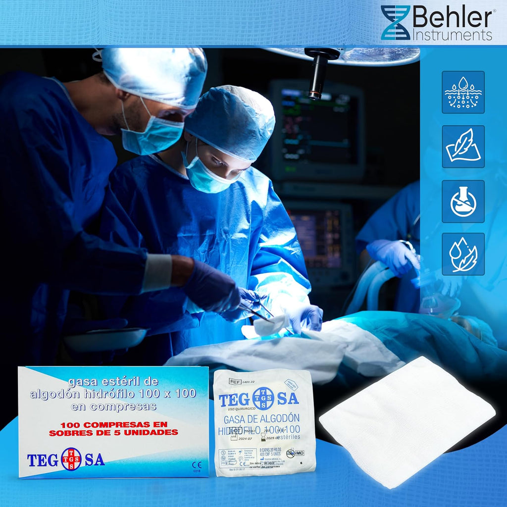 Sterile gauze of hydrophilic cotton in compresses 8 cm x 6 cm - 8 layers - Gauze - Pack of 100 units in 20 envelopes of 5 units - High absorbency and medical gauzes.