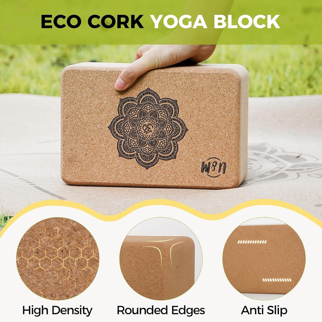 U&M Cork Yoga Blocks 2 Pack Set,Natural Cork High Density 9"x6"x4" Yoga Blocks Odor-Resistant Non-Slip for Yoga, General Fitness, Pilates, Stretching and Toning