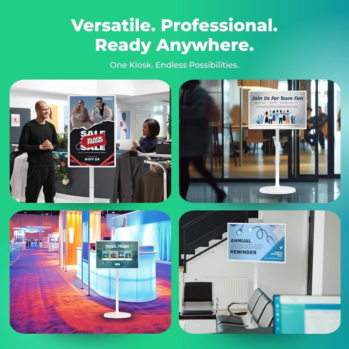OptiSigns 32" Floor Standing Digital Signage Kiosk, Battery Powered Touchscreen Display for Interactive Retail, Events, Full HD with Audio and Wi-Fi, OptiKiosk 32