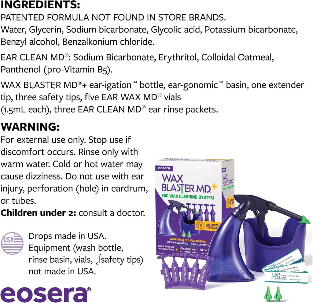eosera Wax Blaster MD+ Ear Wax Cleaning System | Includes 5 Single-Use Vials and 3 Premixed Packets - Complete Earwax Irrigation Kit for Stubborn and Routine Ear Cleaning