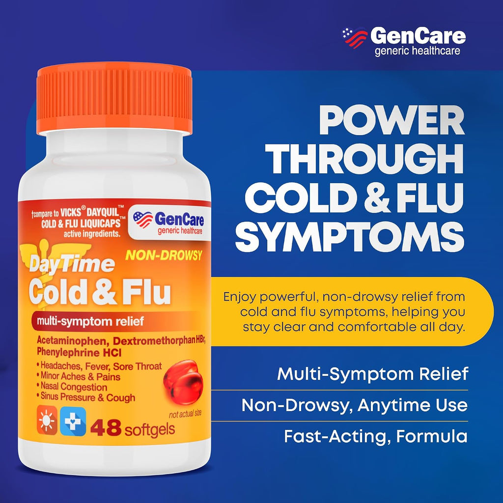 GenCare Daytime Cold & Flu Relief, Non-Drowsy Multi-Symptom, 48 Ct | Compares to DayQuil; relieves fever, cough, congestion & body aches, non-drowsy, severe cold flu