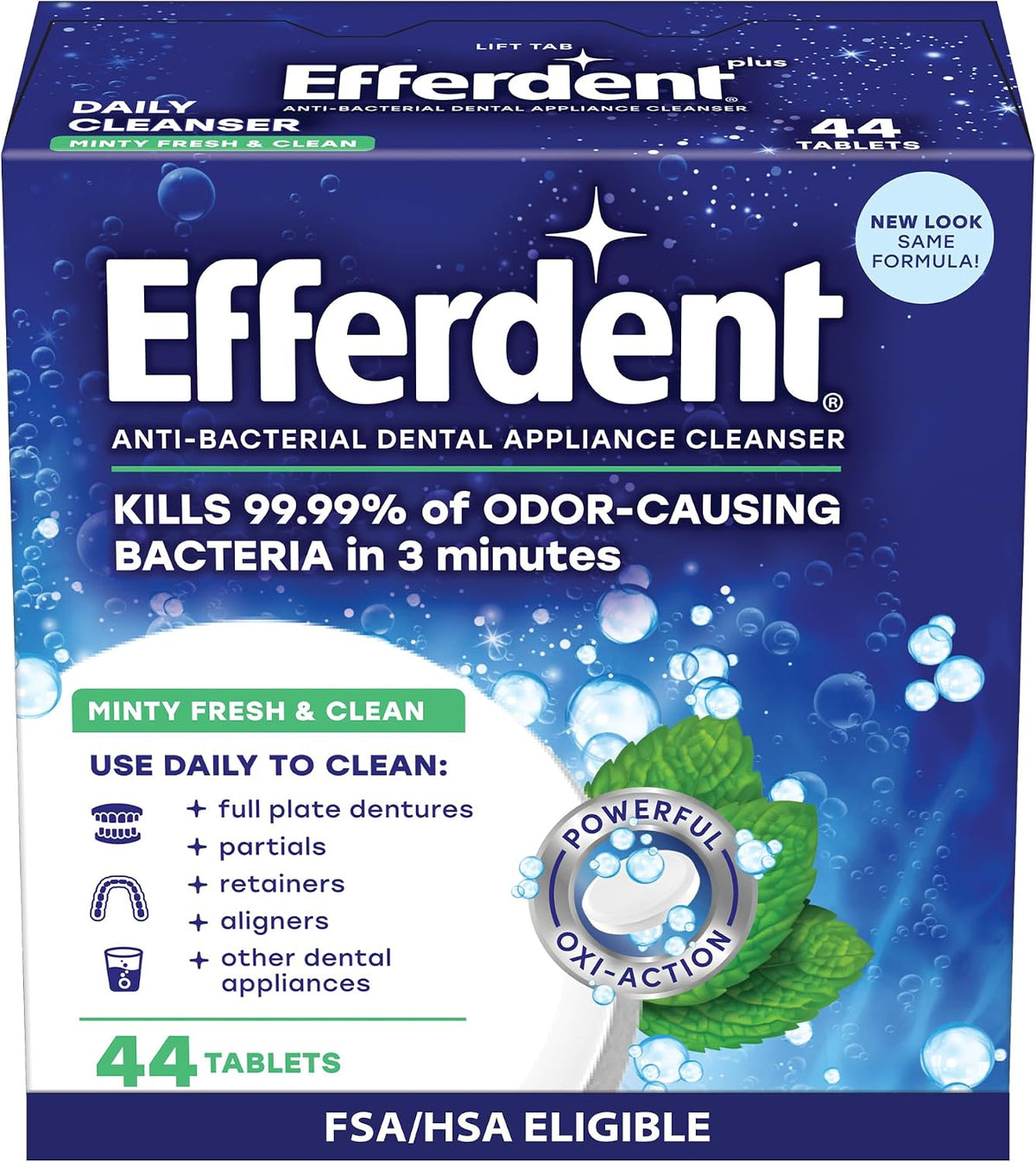 efferdent Denture Cleaner Tablets, Minty Fresh & Clean, 44 Count | Retainer Cleaner, Use Daily To Clean Dental Appliances, Full Plate Dentures, Aligners & Mouth Guards