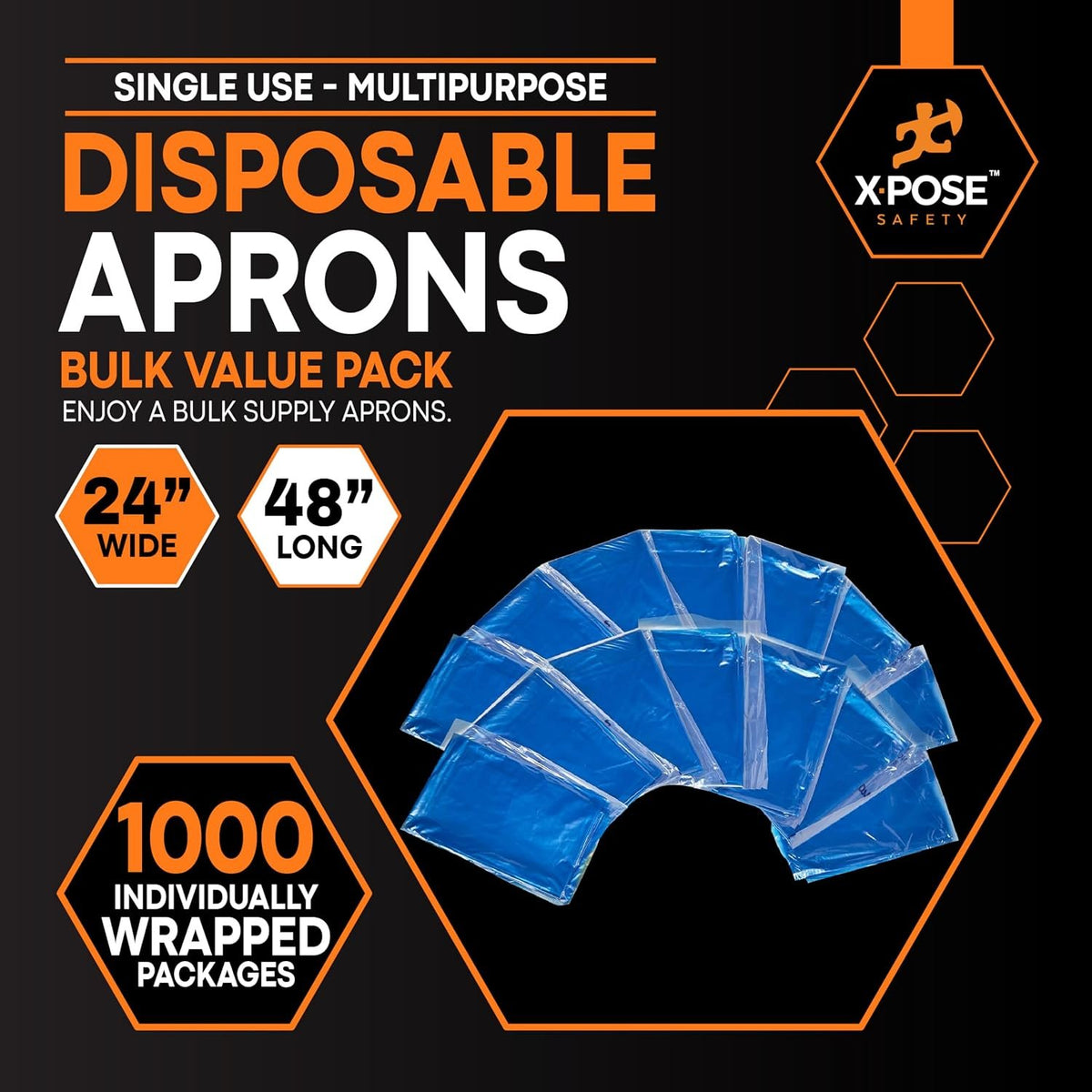 Xpose Safety 1000 Pack Blue Plastic Disposable Bulk Aprons, Individually Wrapped Waterproof Polyethylene Aprons for Cooking, Food Prep & Cleaning, 1 Mil Plastic, 24" x 48"