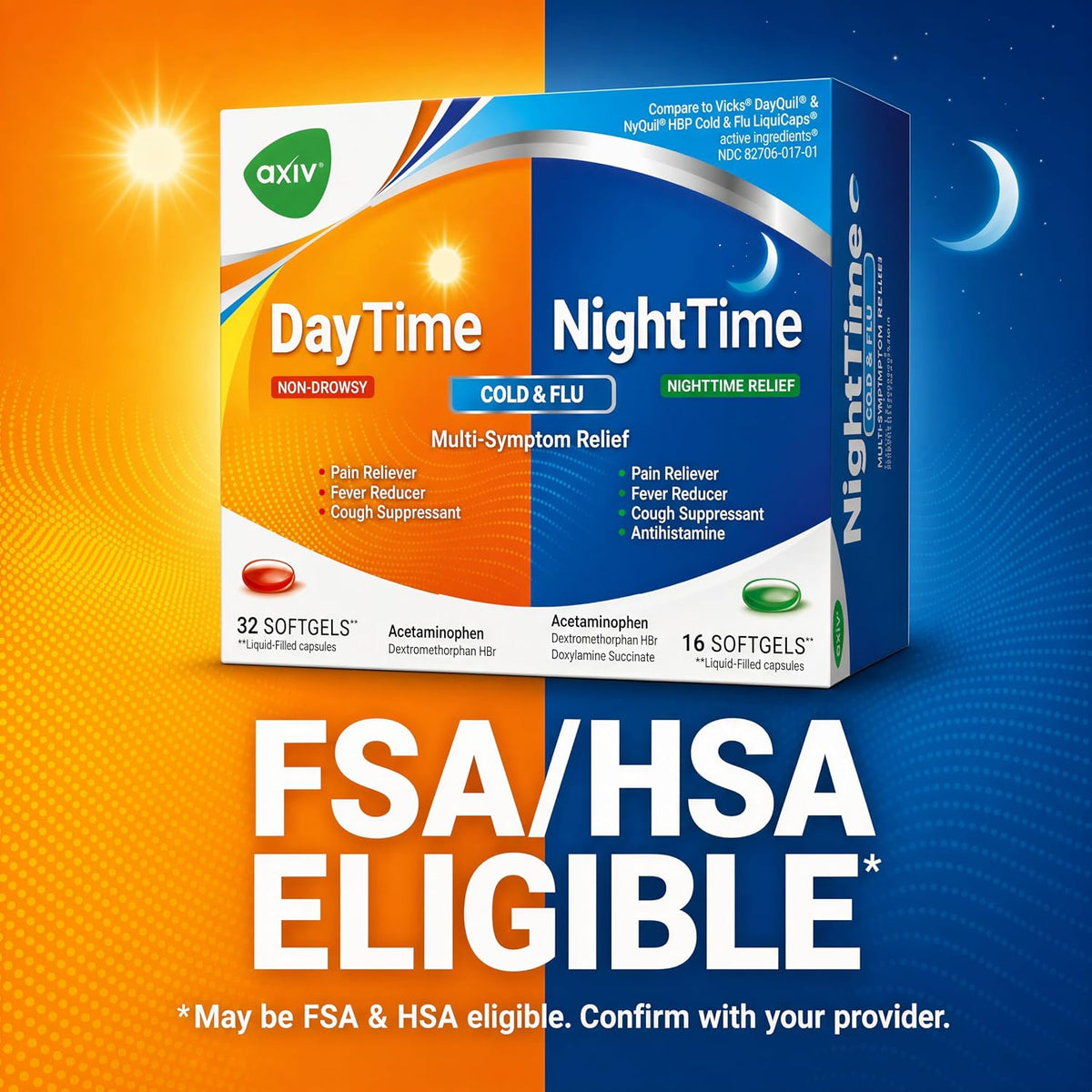 AXIV Day & Night Cold & Flu Medicine Combo Pack Softgels, Daytime & Nighttime Relief for Headache, Fever, Sore Throat, Minor Aches & Pains, & Cough, 48 Softgels
