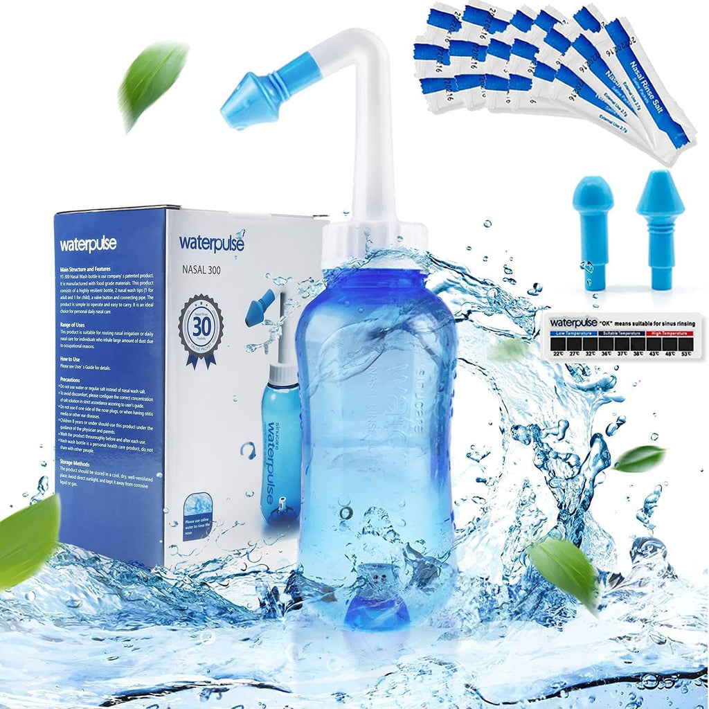 Waterpulse Neti Pot Sinus Rinse Kit, Blue, 300ml Bottle | 30 Salt Packets