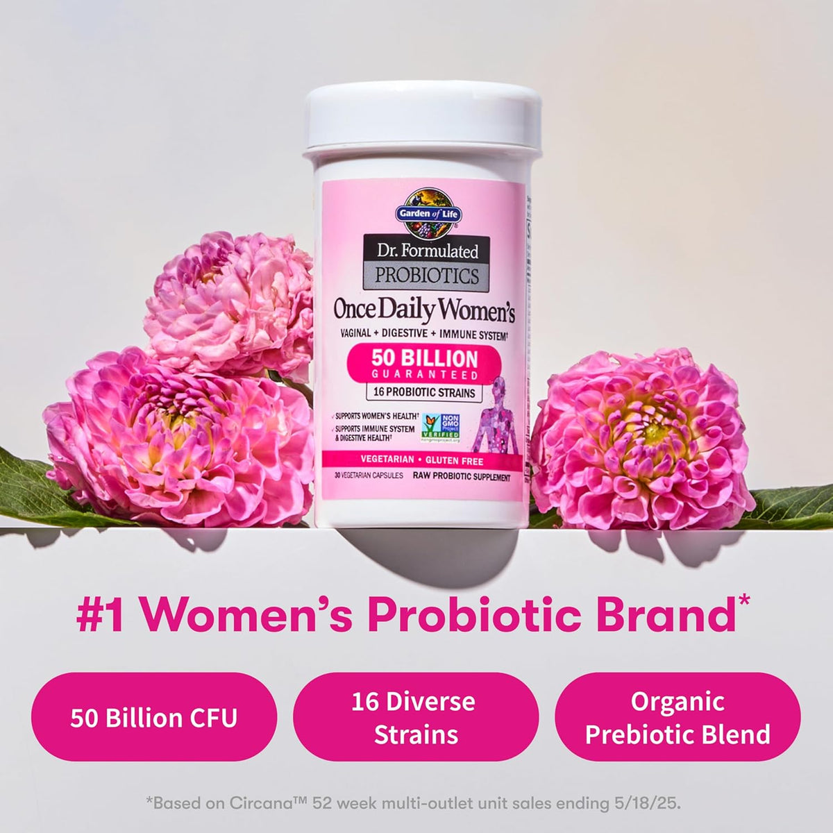 Garden of Life Once Daily Dr. Formulated Probiotics for Women 50 Billion CFU 16 Probiotic Strains with Organic Prebiotics for Digestive, Vaginal & Immune Health, Dairy Free, Shelf Stable 30 Capsules