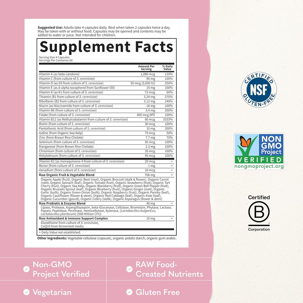 Garden of Life Vitamin Code Multivitamin for Women 50 & Over, 240 Capsules, Vitamins for Women 50 Plus with B Vitamins, Vitamins A, C, D3, E & K, CoQ10, Probiotics & Enzymes
