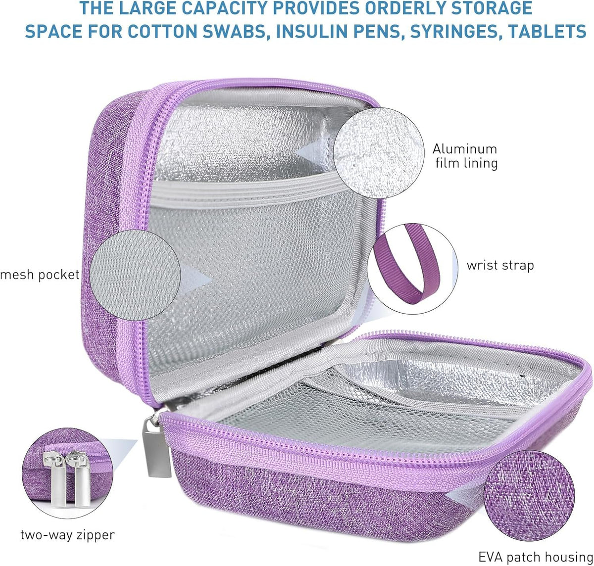 suzamed Insulin Cooler Travel Case, 2x150g Ice Pack TSA Approved, Purple | EVA Insulation Travel Medicine Kit for 1-5 Pens & Diabetic Supplies, Diabetes Care, Portable Handle for Daily Use & Trip
