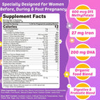 Prenatal Vitamins for Women Gummies + Methylfolate, DHA & Iron, Vegan,120Ct | w/ Omega-3, Organic Food Blend, Choline, Vitamin D3 B6 B12 - Multivitamin for Women Before, During & Post Pregnancy, 0g Sugar